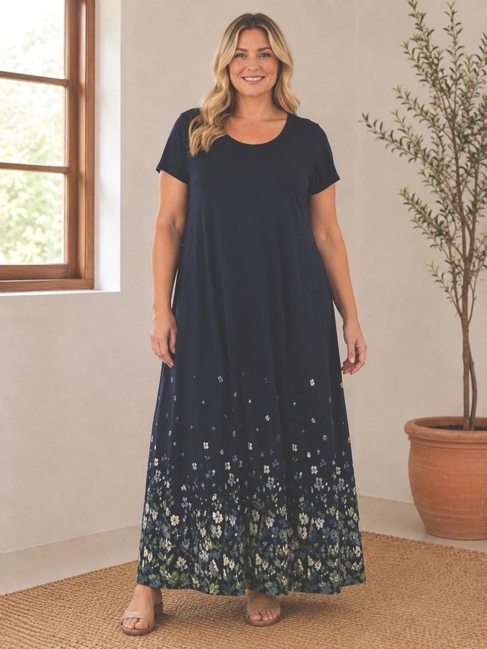 NWT Pure Jill EvryBluff Navy V-Neck Floral Short Sleeve Maxi Dress Sz. XLP #2507 - Picture 2 of 10